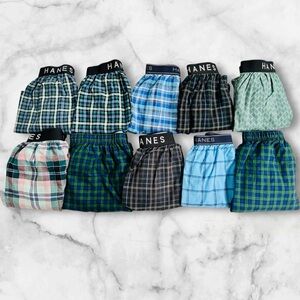 10 Pairs Hanes Men's Boxer Shorts in Blue Green and Black Patterns Large